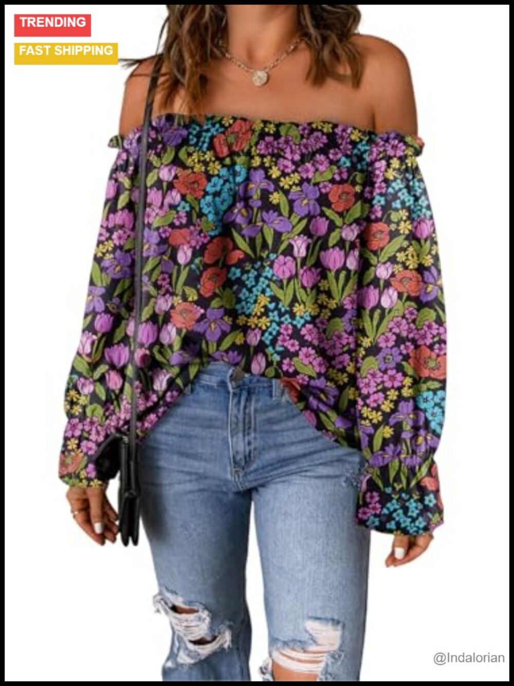 Off Shoulder Ruffle Long Sleeve Chiffon Blouse Casual Loose Fit Top